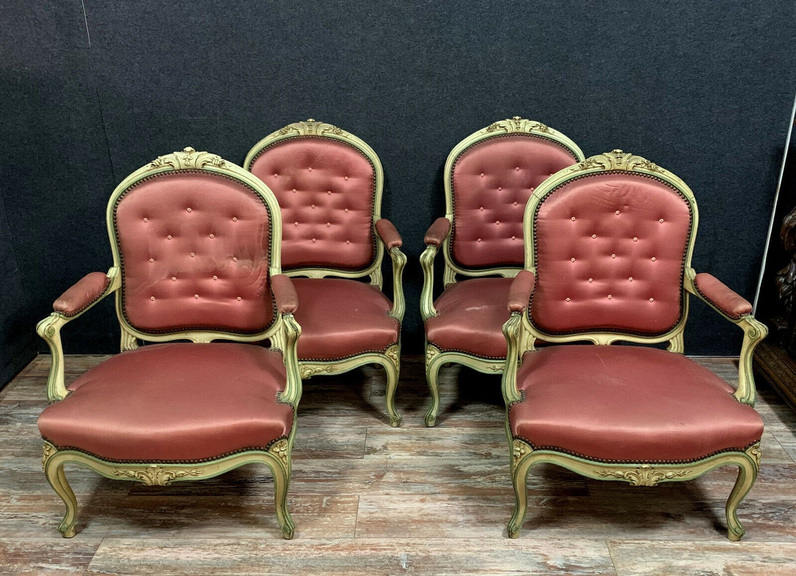 Louis XV Lacquered Wood Salon Furniture Set with Armchairs and Chairs, 1850s, Set of 6