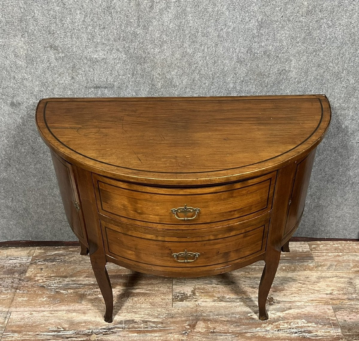 Louis Xv / Louis Xvi Transition Style Half-Moon Chest of Drawers in Mahogany Inlaid with Ebony Fillets, 1880s