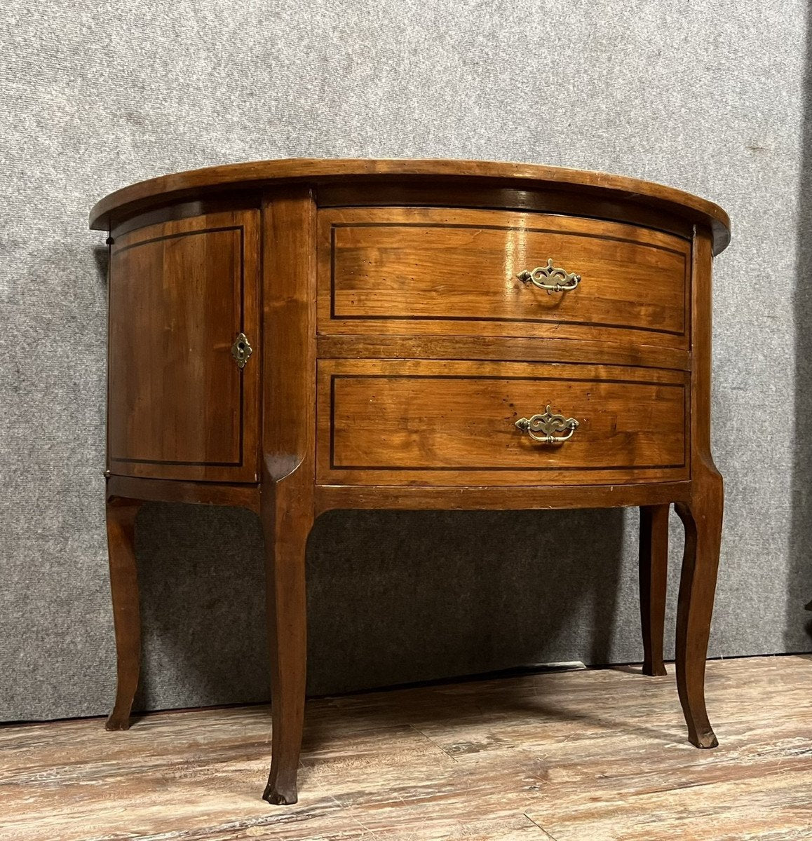 Louis Xv / Louis Xvi Transition Style Half-Moon Chest of Drawers in Mahogany Inlaid with Ebony Fillets, 1880s