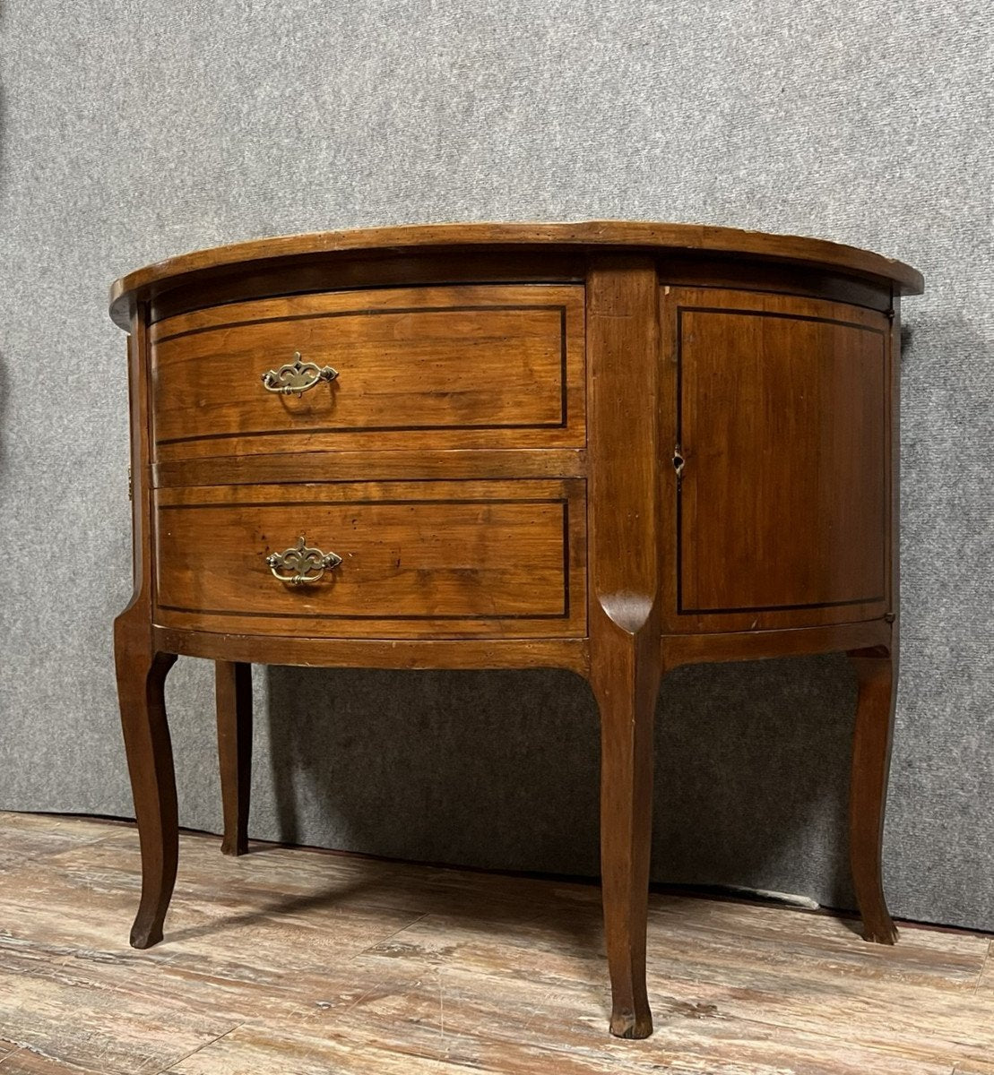 Louis Xv / Louis Xvi Transition Style Half-Moon Chest of Drawers in Mahogany Inlaid with Ebony Fillets, 1880s