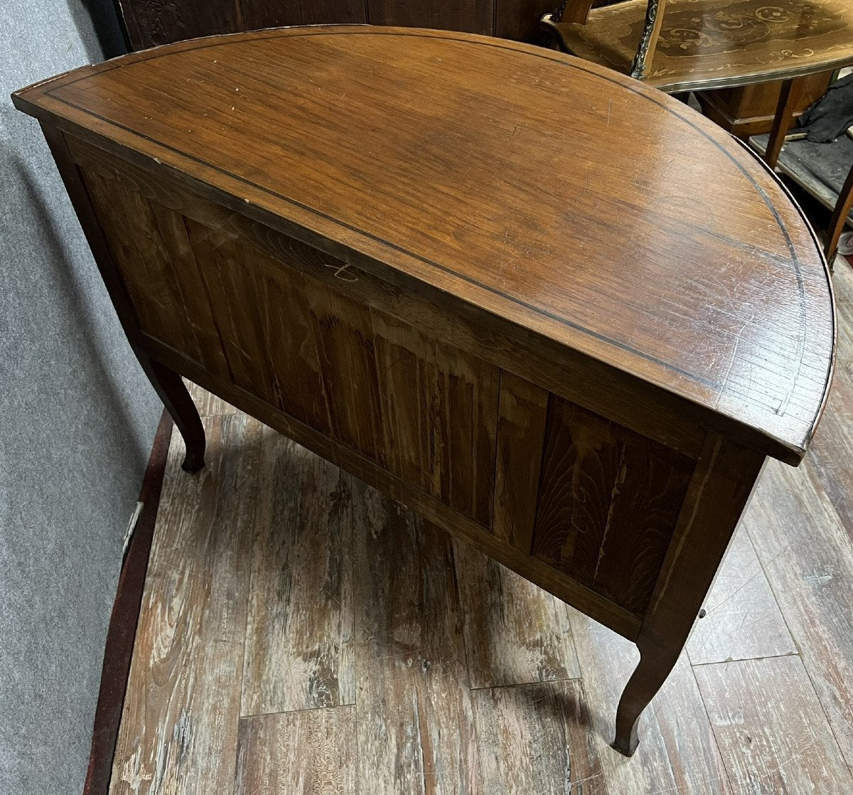 Louis Xv / Louis Xvi Transition Style Half-Moon Chest of Drawers in Mahogany Inlaid with Ebony Fillets, 1880s