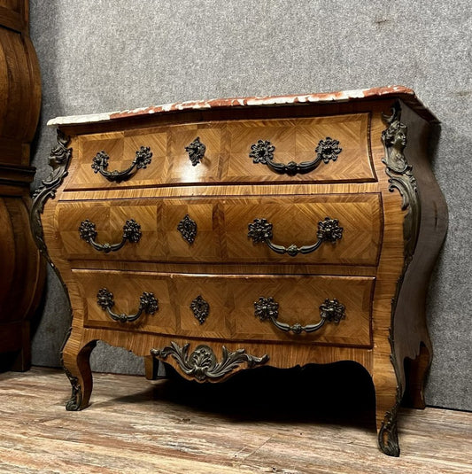 Louis XV Style Chest of Drawers in Precious Wood Marquetry, 1890s