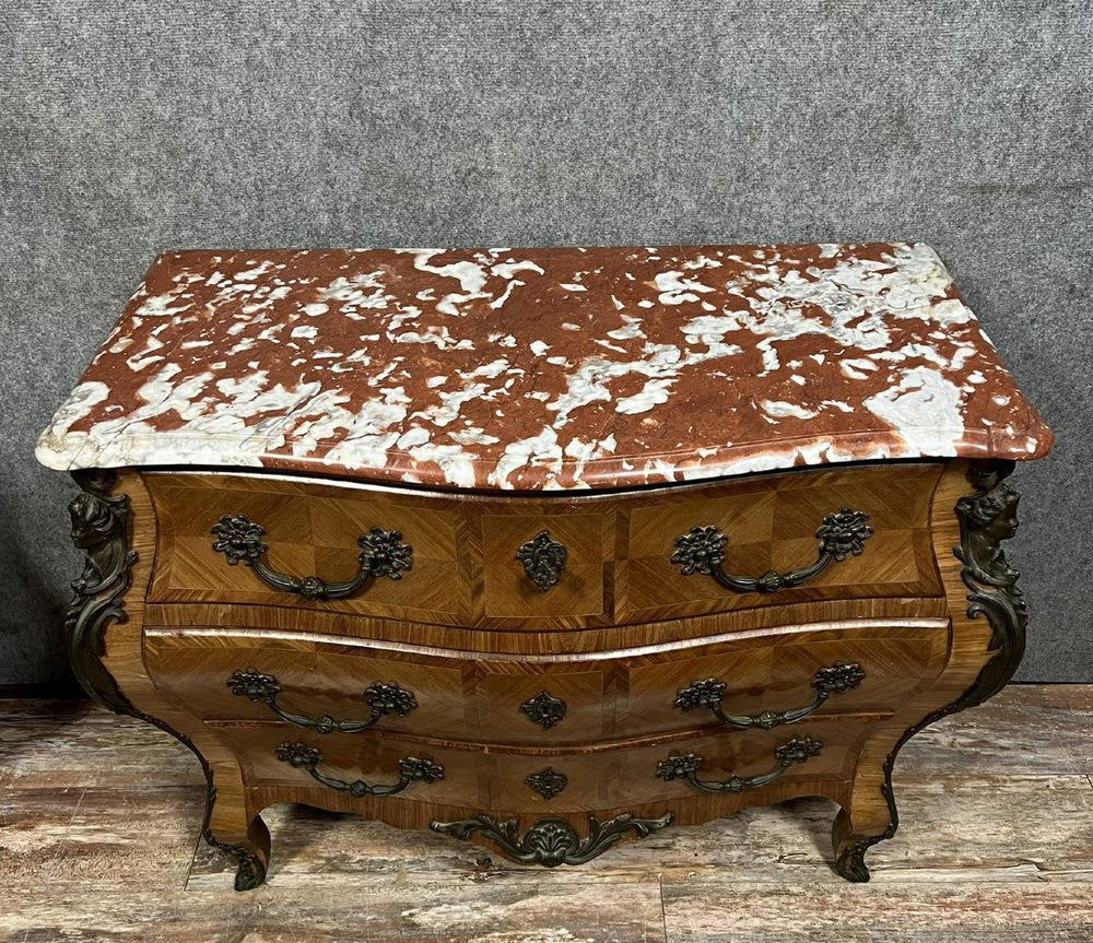 Louis XV Style Chest of Drawers in Precious Wood Marquetry, 1890s