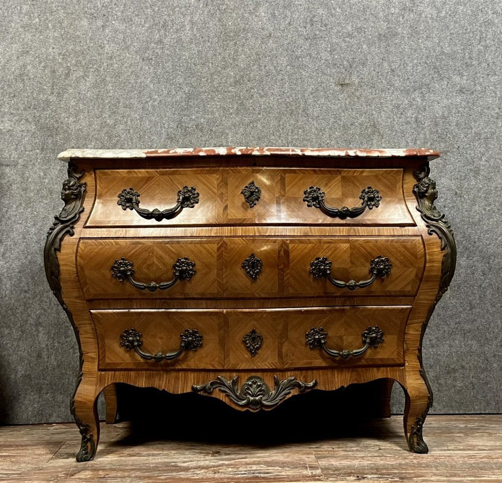 Louis XV Style Chest of Drawers in Precious Wood Marquetry, 1890s