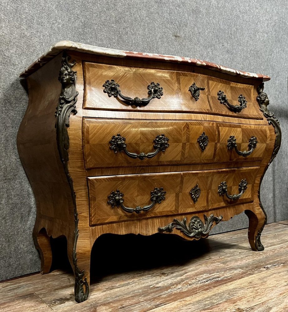 Louis XV Style Chest of Drawers in Precious Wood Marquetry, 1890s