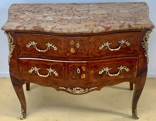 Louis XV Style Curved Chest of Drawers in Precious Wood Marquetry-EQU-1417569