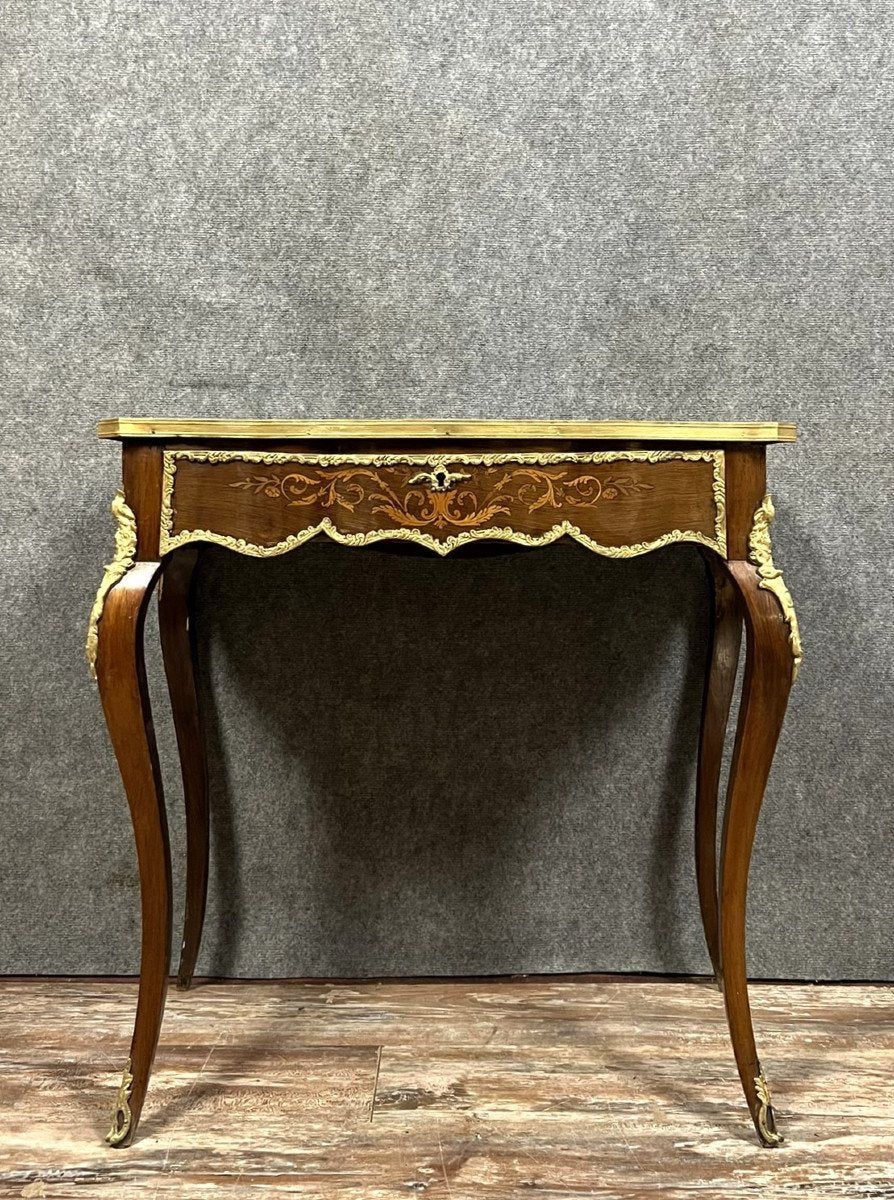 Louis XV Style Curved Desk in Precious Wood Marquetry, 1880