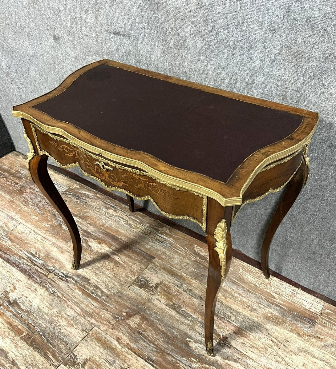 Louis XV Style Curved Desk in Precious Wood Marquetry, 1880