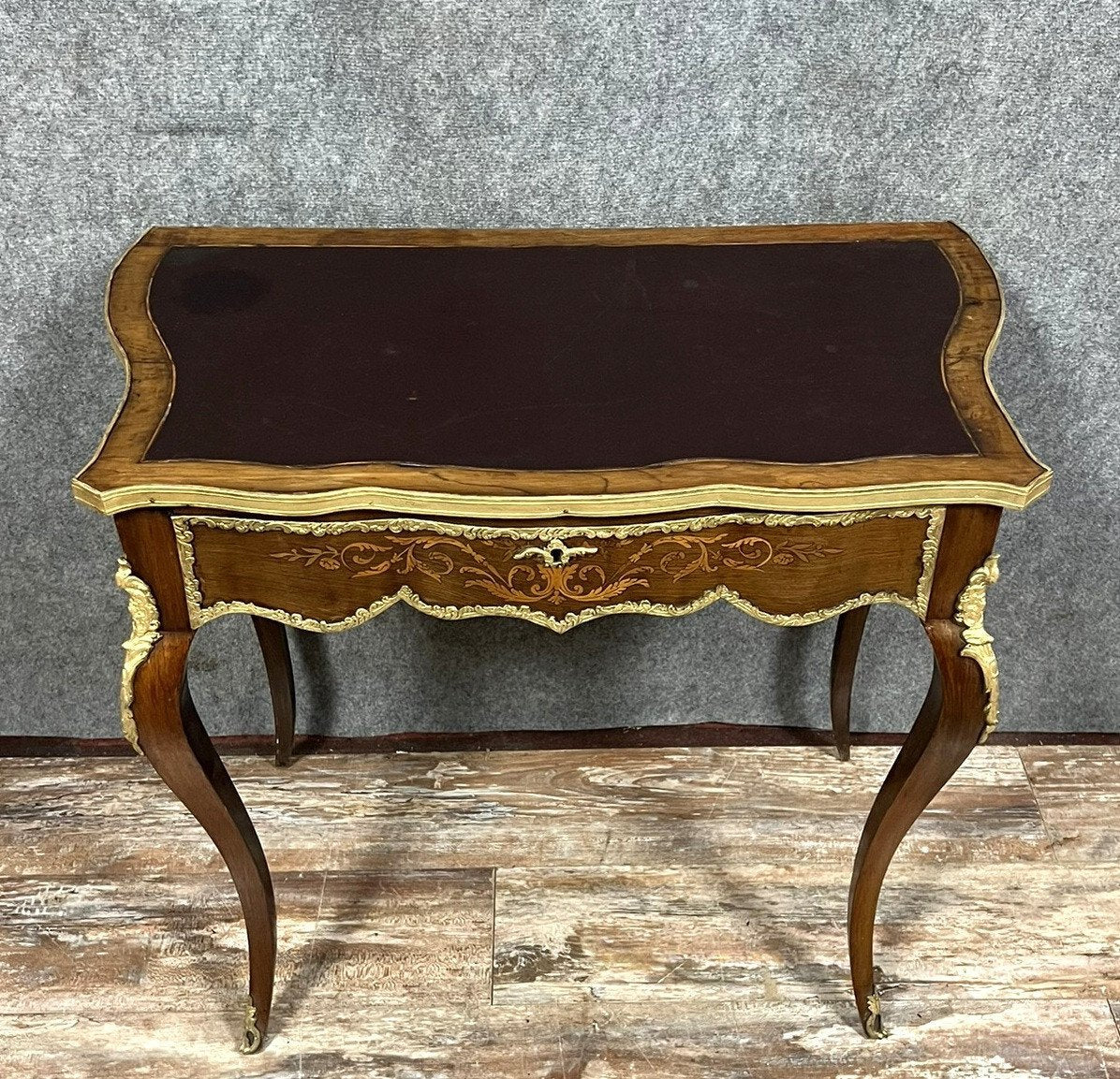 Louis XV Style Curved Desk in Precious Wood Marquetry, 1880