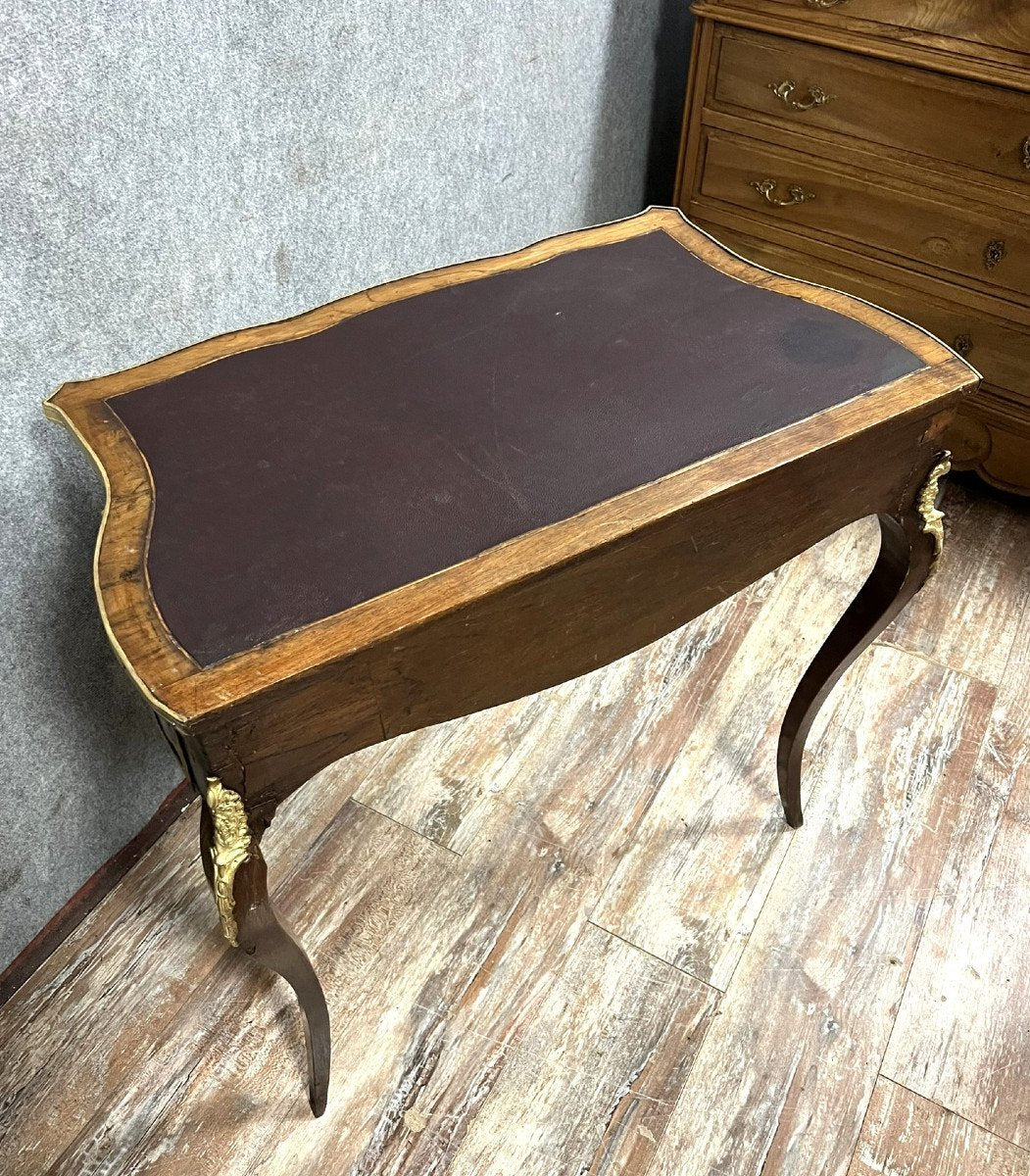 Louis XV Style Curved Desk in Precious Wood Marquetry, 1880