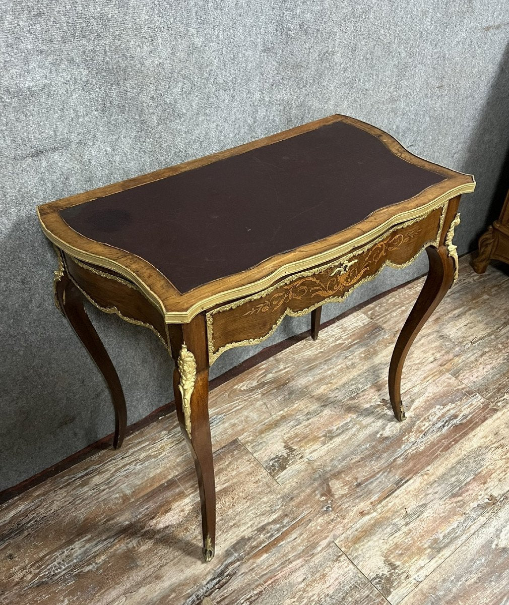 Louis XV Style Curved Desk in Precious Wood Marquetry, 1880