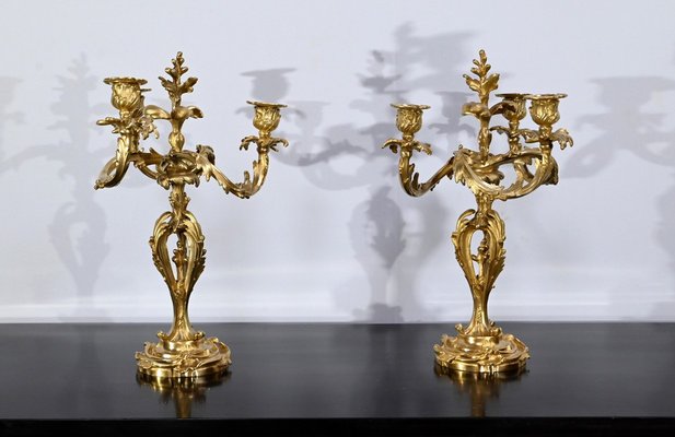 Louis XV Style Gilded Bronze Candelabras, Late 19th Century, Set of 2-RVK-1724981