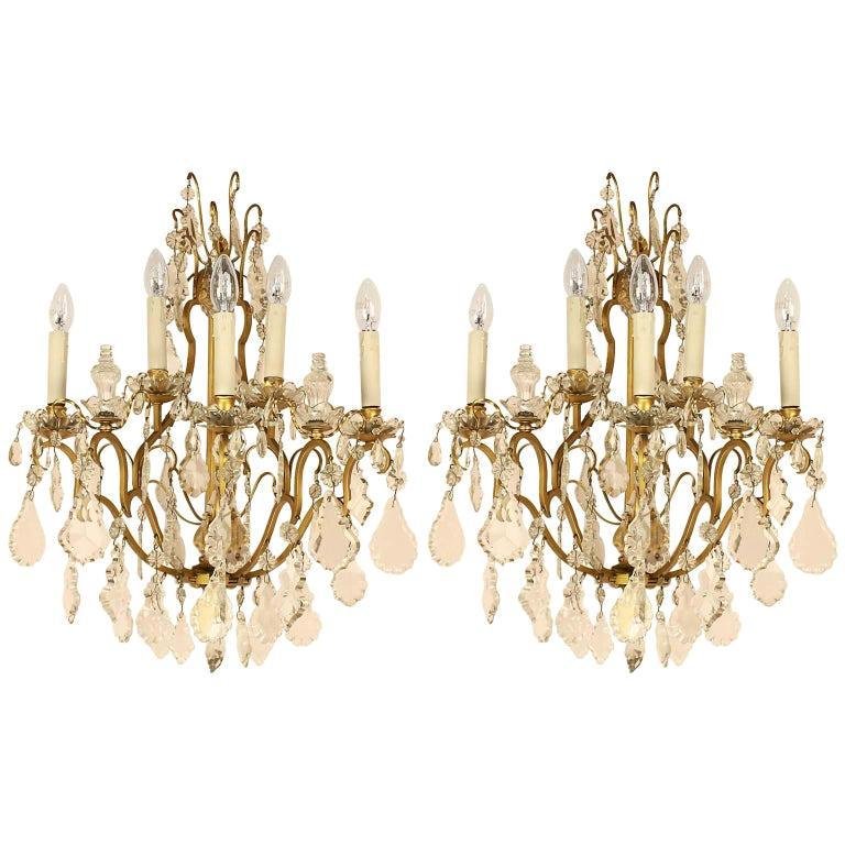 Louis XV Style Gilt-Bronze and Cut-Crystal 5-Light Sconces, Set of 2