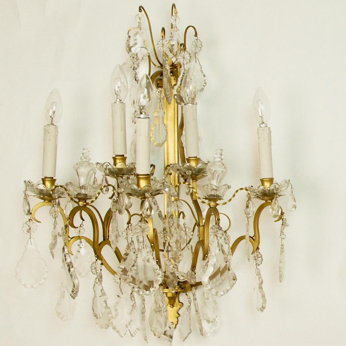 Louis XV Style Gilt-Bronze and Cut-Crystal 5-Light Sconces, Set of 2