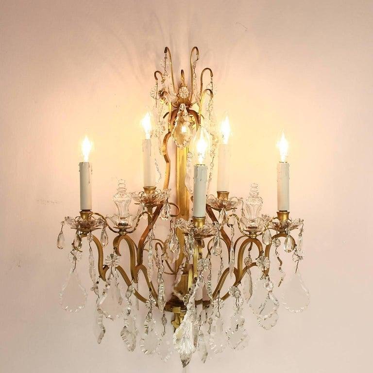 Louis XV Style Gilt-Bronze and Cut-Crystal 5-Light Sconces, Set of 2