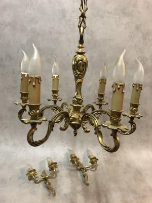 Louis XV Style Luster and Bronze Chandeliers, 1950s, Set of 3-SDV-674009