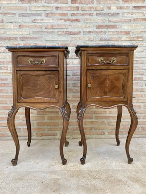 Louis XV Style Walnut Nightstands with Marble Top, 1930s, Set of 2-NOU-1047297