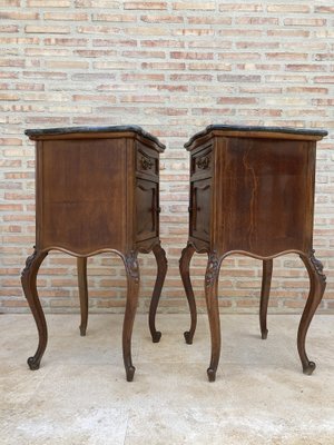 Louis XV Style Walnut Nightstands with Marble Top, 1930s, Set of 2-NOU-1047297