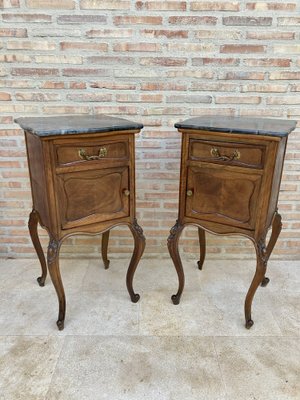 Louis XV Style Walnut Nightstands with Marble Top, 1930s, Set of 2-NOU-1047297