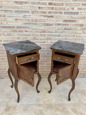 Louis XV Style Walnut Nightstands with Marble Top, 1930s, Set of 2-NOU-1047297