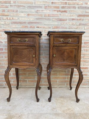 Louis XV Style Walnut Nightstands with Marble Top, 1930s, Set of 2-NOU-1047297