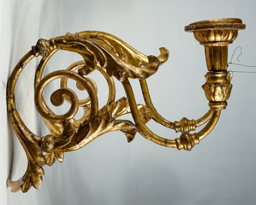 Louis XV Torch Wall Sconces in Wrought Iron with Turned Wooden Parts Gilded with Gold Leaf, Italy, Set of 2-RAQ-2033400