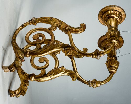 Louis XV Torch Wall Sconces in Wrought Iron with Turned Wooden Parts Gilded with Gold Leaf, Italy, Set of 2-RAQ-2033400