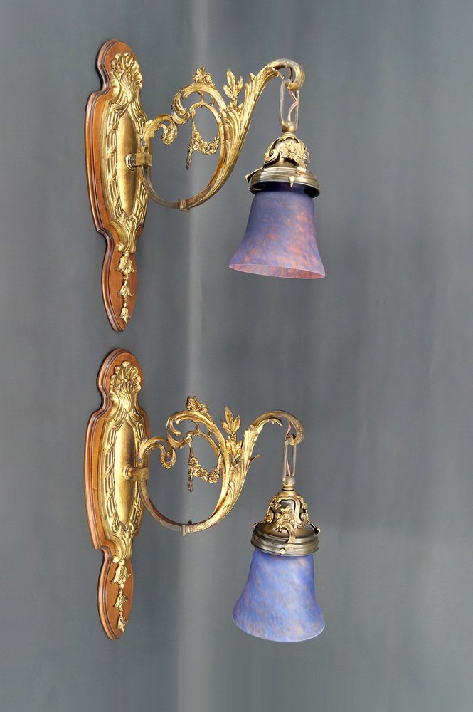 Louis XV Wall Sconces in Walnut Bases and Glass Tulips, 1890s, Set of 2