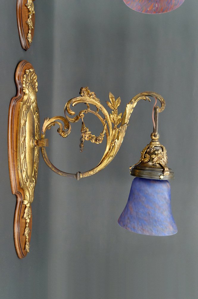 Louis XV Wall Sconces in Walnut Bases and Glass Tulips, 1890s, Set of 2