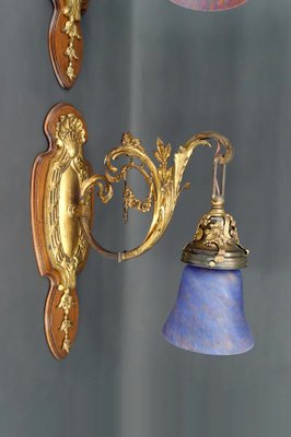 Louis XV Wall Sconces in Walnut Bases and Glass Tulips, 1890s, Set of 2-XNH-1807991