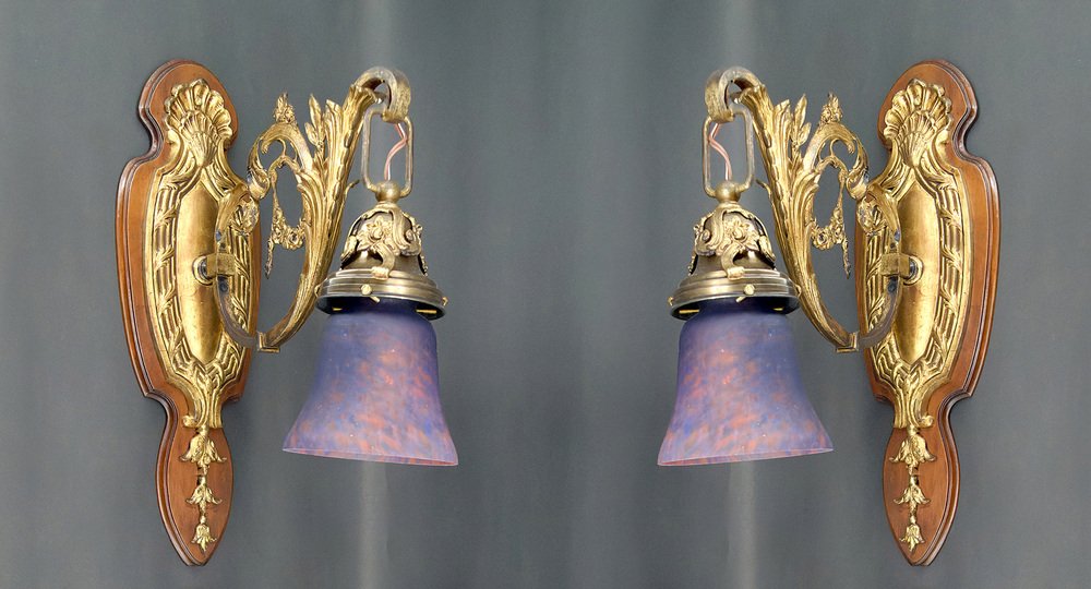 Louis XV Wall Sconces in Walnut Bases and Glass Tulips, 1890s, Set of 2