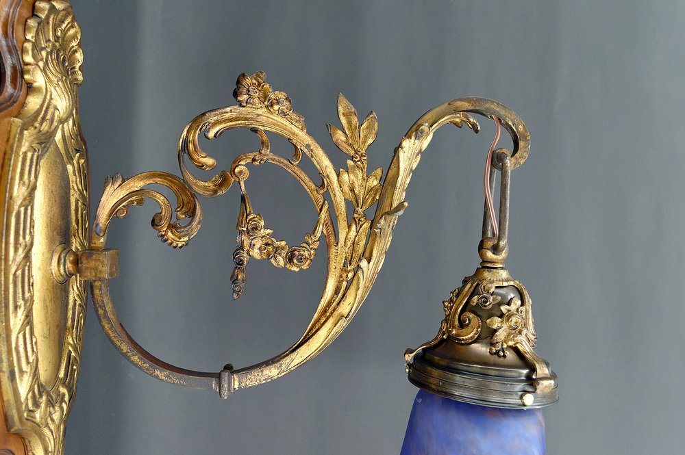 Louis XV Wall Sconces in Walnut Bases and Glass Tulips, 1890s, Set of 2