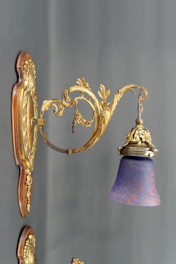 Louis XV Wall Sconces in Walnut Bases and Glass Tulips, 1890s, Set of 2