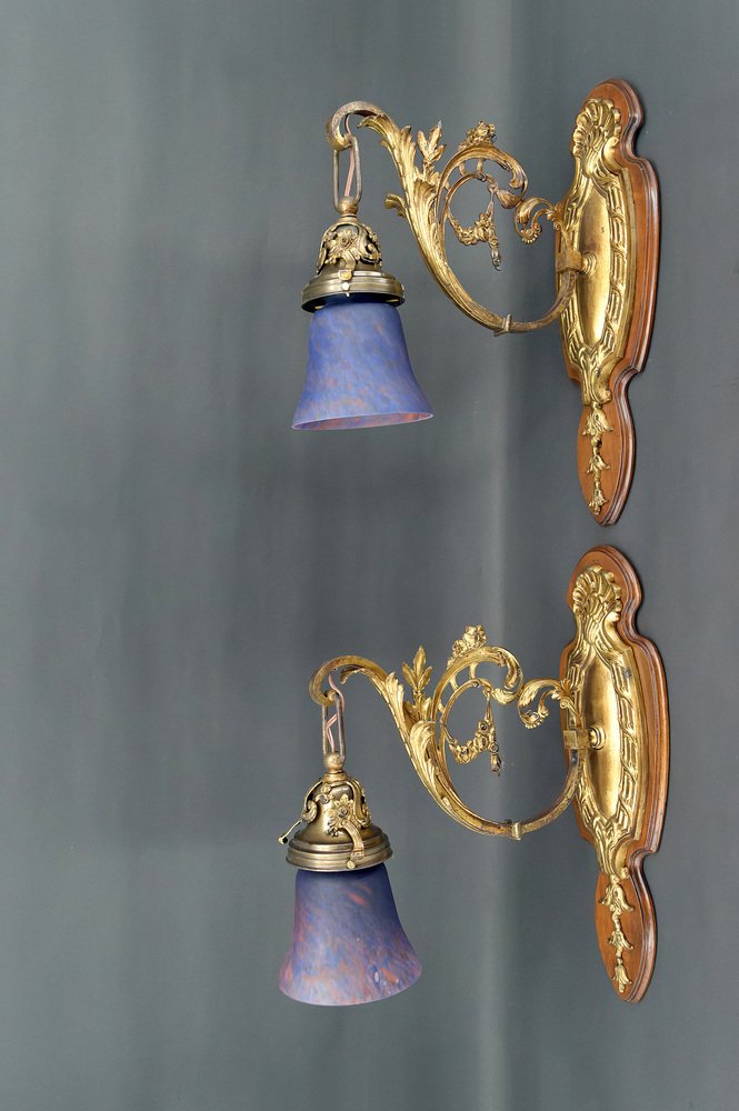 Louis XV Wall Sconces in Walnut Bases and Glass Tulips, 1890s, Set of 2