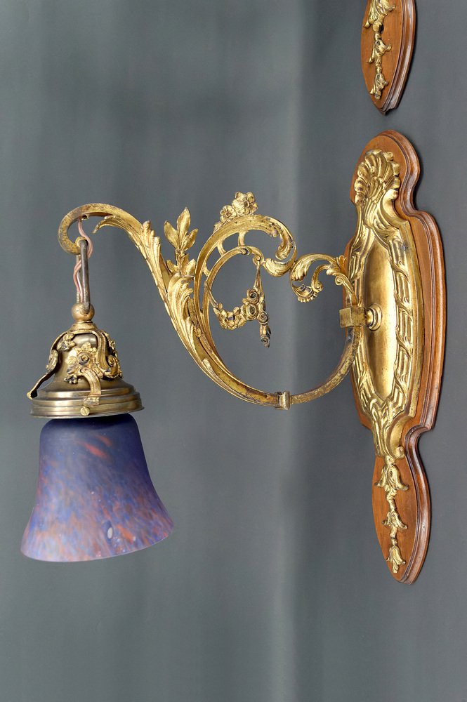 Louis XV Wall Sconces in Walnut Bases and Glass Tulips, 1890s, Set of 2