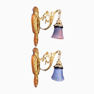 Louis XV Wall Sconces in Walnut Bases and Glass Tulips, 1890s, Set of 2-XNH-1807991