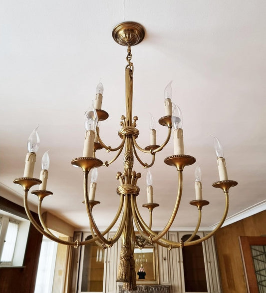 Louis XVI 12-Light Chandelier with Tassels in Gilt Bronze