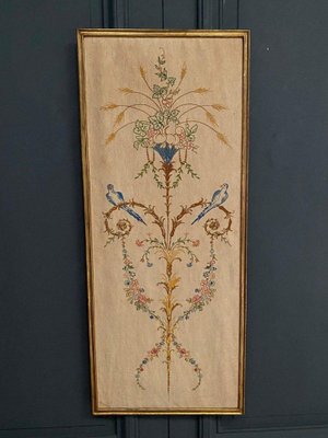 Louis XVI Bird Decoration Baguette Frame Embroidered Panel, 1890s-QKG-1813264