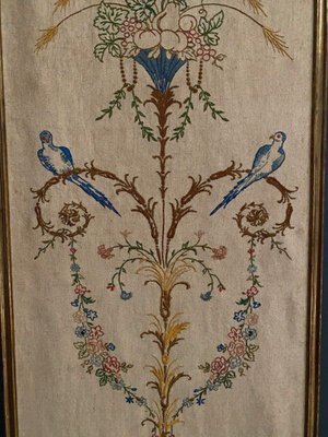 Louis XVI Bird Decoration Baguette Frame Embroidered Panel, 1890s-QKG-1813264