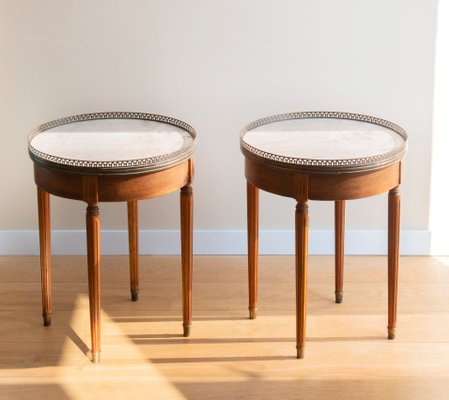 Louis XVI French Bouillotte Round Side Table in Mahogany Wood, Marble Top & Brass Edge, 1920s-BJS-2026984