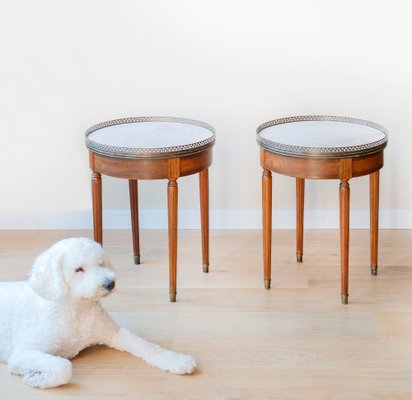 Louis XVI French Bouillotte Round Side Table in Mahogany Wood, Marble Top & Brass Edge, 1920s-BJS-2026984