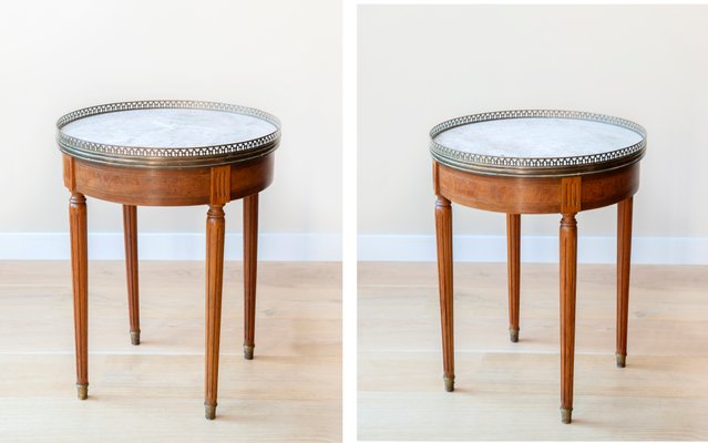 Louis XVI French Bouillotte Round Side Table in Mahogany Wood, Marble Top & Brass Edge, 1920s-BJS-2026984