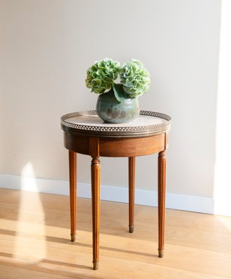 Louis XVI French Bouillotte Round Side Table in Mahogany Wood, Marble Top & Brass Edge, 1920s-BJS-2026984