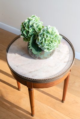 Louis XVI French Bouillotte Round Side Table in Mahogany Wood, Marble Top & Brass Edge, 1920s-BJS-2026984