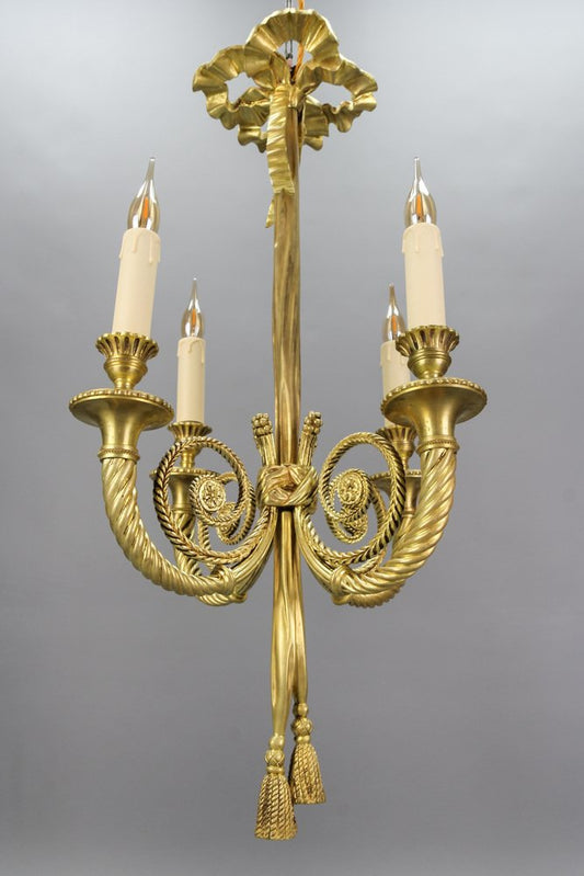 Louis XVI French Bronze Ribbon and Tassel Four-Light Chandelier, 1910s