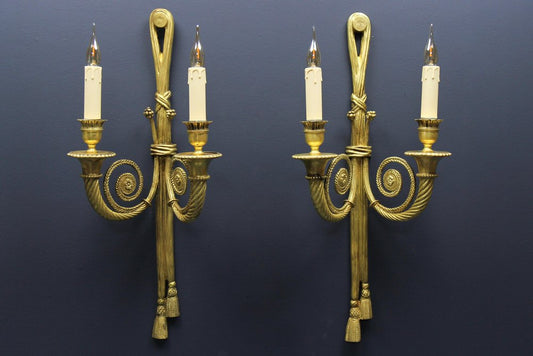 Louis XVI French Two-Arm Ribbon, Knot and Tassel Sconces, 1910s, Set of 2