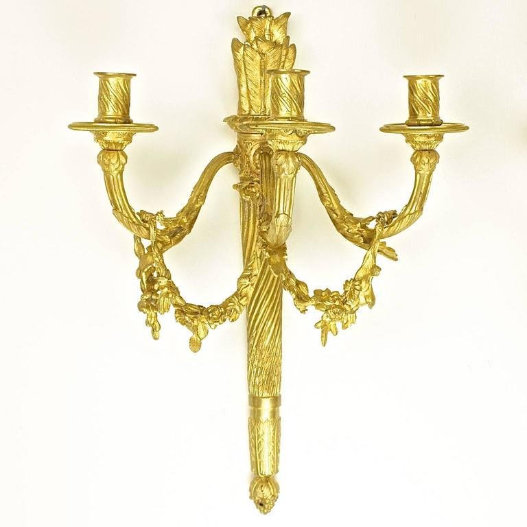 Louis XVI Style 3-Light Quiver Gilt-Bronze Sconces Attributed to H. Vian, Set of 2