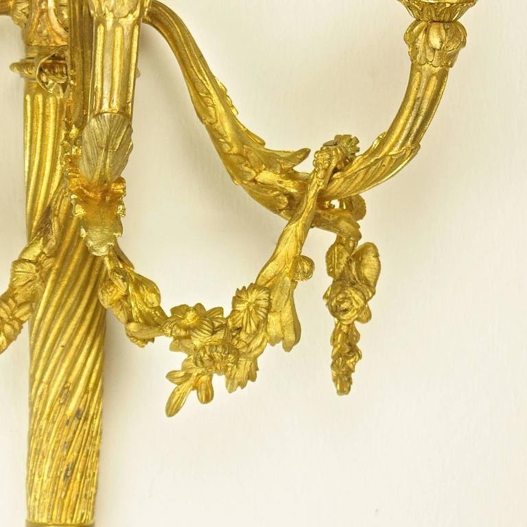 Louis XVI Style 3-Light Quiver Gilt-Bronze Sconces Attributed to H. Vian, Set of 2