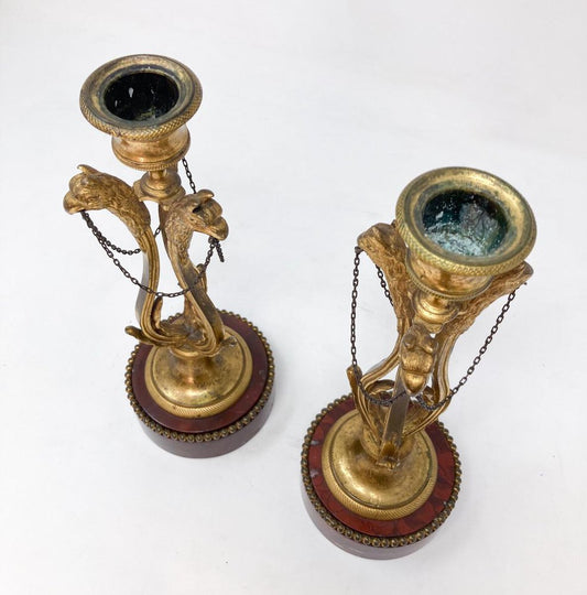 Louis XVI Style Candlesticks in Gilded Bronze and Griotte Marble, Set of 2