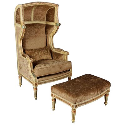 Louis XVI Style Carved Beechwood Armchair with Stool, Set of 2-FLW-1402264